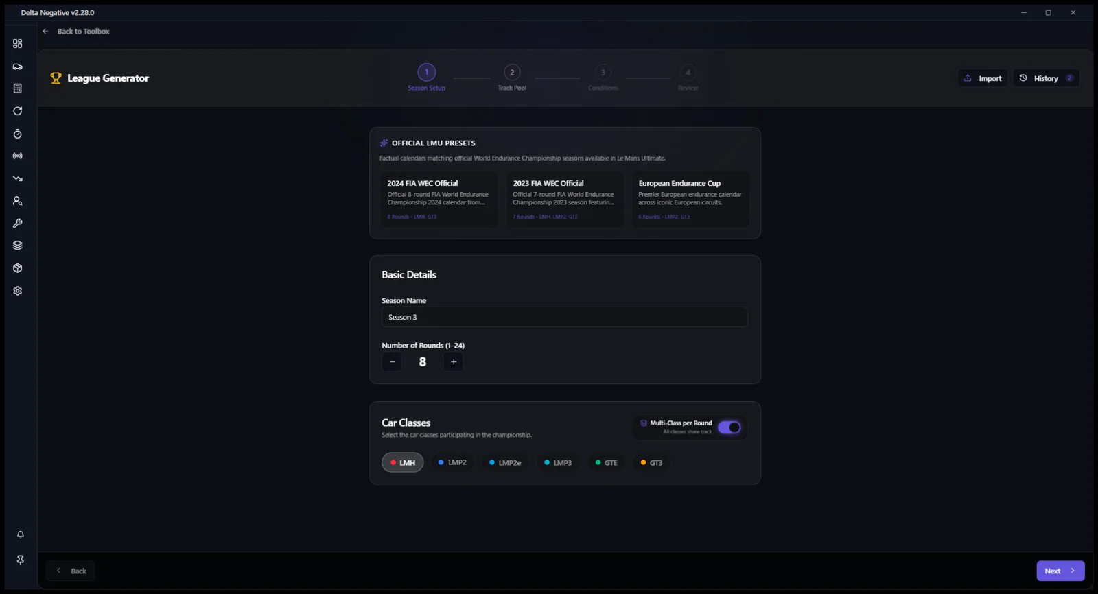 League Generator: official calendar presets, number of rounds and car classes