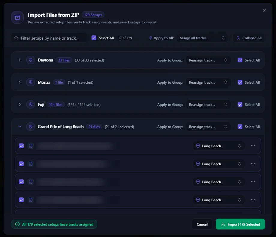 Import Files from ZIP: 179 setups sorted into track groups, with a track selector per file and per group, and everything assigned before import